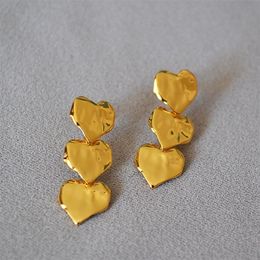 Vintage Three Hearts Dangles Gold Brass Earrings291r