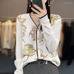 Women's Sweaters 23 Autumn Silk Cardigan For Women V Collar Multicolor Printing Loose Fashionable Worsted Wool Knitted Top