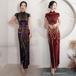 Oversize 5XL Sexy Velour Con Paillettes Fiore Cheongsam Donna Slim Velluto Qipao Elegante Abito da sera a maniche corte Abiti