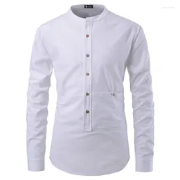 Men's Casual Shirts 2023 Spring And Autumn Solid Colour Pullover Pocket Stand Up Collar Half Open Long Sleeve Shirt