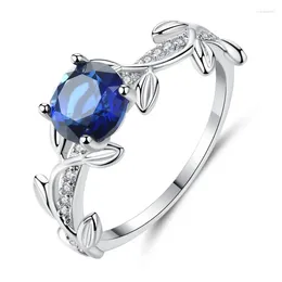 With Side Stones Woman Fashion Blue Crystal Leaf Finger Ring Elegant Chic Zircon Stone Silver Wedding Band Jewelry Promise Engagement Rings