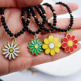 Choker Black Glass Beads Necklace With Stainless Pandent Colour Flower Accessories For Women Girl Party Gift