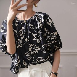 Women's Blouses Satin Shirt Spring/summer Silk Printed Vintage O-Necks Ladies Clothing Loose Three Quarter FASHION Floral Tops