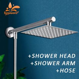 Bathroom Shower Heads 8/10/12 Inch Ultra-thin Wall Mount Rainfall Shower Head With 16inch Stainless Steel Shower Arm 150cm ABS Hose Bathroom Hardware 231013