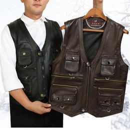 Men's Vests Cowhide Genuine Leather Vest Men Brown Waistcoat Male Sleeveless Jacket Thick Motorcycle Plus Size Multi Pocket Z243d