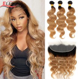 Synthetic Wigs Ombre Body Wave Bundles With Frontal 1B27 Blonde Coloured Bundles With Frontal Brazilian Human Hair Bundles With Closure 231016