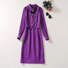 European and American women's clothing 2023 autumn new Lapel pin bead bow Long sleeve splicing purple Fashion dress XXL