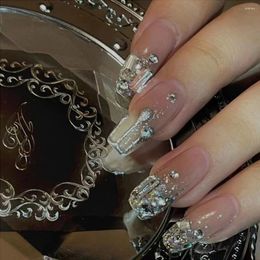 False Nails Handmade Coffin Press On With Rhinestone Medium Length Design Full Cover Fake Nail Manicure Wearable Art Decorations