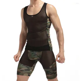 Men's Sleepwear Camouflage Vest Shorts Set Mesh Breathable Pajama Sets Tank Top Casual Undershirt Slim Male Bottoming Summer Wear