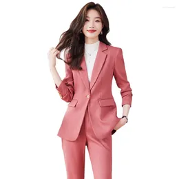 Women's Two Piece Pants Pink Blue Black Women Pant Suit High Quality 2 Set Office Ladies OL Girl Formal Jacket Blazer And Trousers For Work