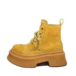 designer shoes Wu Xuanyi's same SMFK yellow boots British style short boots genuine leather thick heels thick soles work clothes Martin boots children