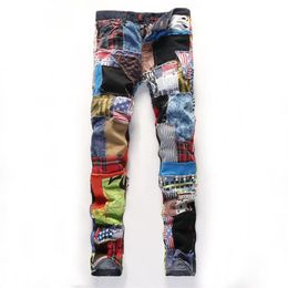 New Brand Jeans Men Skull Design Colours Patchwork Straight Jeans Holes Stylish Clothing Casual Pants236a