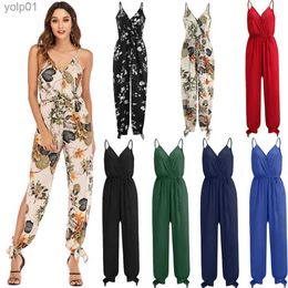 Women's Jumpsuits Rompers 2019 Summer Ladies Suspender Party Jumpsuit Romper Long Trousers Fashion Women Chiffon Floral Printed JumpsuitL231017