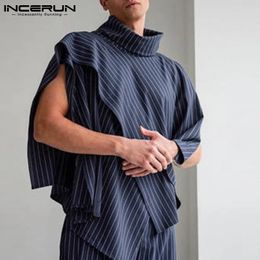 Men's Vests Tops American Style Fashion Men Pinstripe Vests Casual Streetwear Turtleneck Breathable Mesh Irregular Cloak S-5XL INCERUN 231017