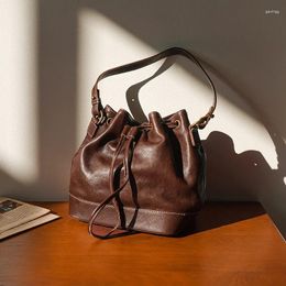 Vegetable Tanned Genuine Leather Women's Fashion Drawstring Small Bucket Bag Designer High-quality Lady Cowhide Shoulder