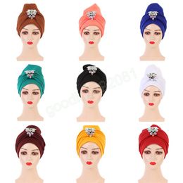 African Aso Oke Women Muslim Chemo Cap Hijab Hat Diamond Auto Gele Headtie Turban Head Wrap Bonnet Hair Loss Wedding Party Cover