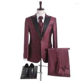 Men's Suits JELTOIN Burgundy Shiny 3 Piece Set Men Suit 2023 Tailor Made Groom Wedding Dress Terno Masculino Slim Fit Tuxedo