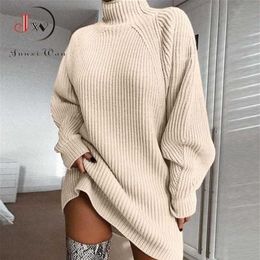 Women Turtleneck Oversized Knitted Dress Autumn Solid Long Sleeve Casual Elegant Mini Sweater Plus Size Winter Clothes 211101241T