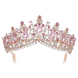 Baroque Rose Gold Pink Crystal Bridal Tiara Crown With Comb Pageant Prom Veil Headband Wedding Hair Accessories 211006226p