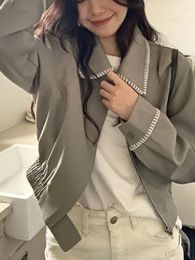 Women's Jackets Autumn Grey Harajuku Vintage Jacekt Women Ruffled Korean Fashion Loose Overcoat Female Long Sleeve Casual Designer Coat 2023