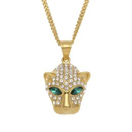 Mens Stainless Steel Gold Leopard head pendant Iced Out Bling Rhinestone Crystal Animal Pendant Fashion Hip Hop Jewelry239T
