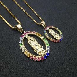 Stainless Steel Rainbow Rhinestone Virgin Mary Mama Pendant Necklace Religious Mary Christ Virgin Necklaces Gift For Him1304L