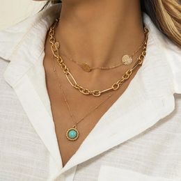 Pendant Necklaces Boho Turquoise Necklace Ladies Multilayer Vintage Fashion Gold Color Round Sequin Clavicle Girls Jewelry