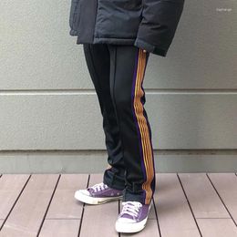 Men's Pants NEEDLES Arrival Butterfly Embroidery Black Cotton Sweatpants Yellow Purple Track Stripe Zipper Oversize Men Women Trousers