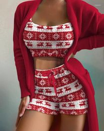 Women's Tracksuits 3Pcs Women Outfit 2023 Spring Fashion Christmas Pattern Print U-Neck Spaghetti Strap Fluffy Home Cami Set With Cardigan