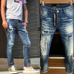 Man Distressed Denim Trousers Damage Faded Five Pockets Clement Fit Jeans Slim Leg Wash Effects Mens244L