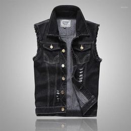 Plus Size Ripped Black Denim Vest Mens Slim Fit Male Jeans Sleeveless Jacket Tank Top Cowboy Brand 5XL Armhole Style1313M