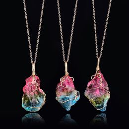 Pendant Necklaces Irregular Natural Crystal Stone Wire Wrap Necklace For Women Rainbow Quartz Reiki Healing236h