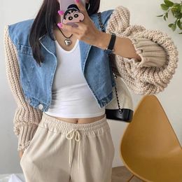 Women's Jackets Clothland Women Stylish Denim Patchwork Jacket Short Style Crop Top Long Sleeve Knit Spliced Casual Coat CA884