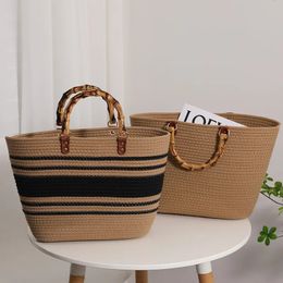 Shopping Bags Bamboo Handle Women Handbags Cotton Thread Woven Tote Summer Stripe Beach for Bohemian Straw Bag Boho Clutch 231017