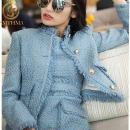 SMTHMA arrival fashion Women's Blue and pink Tweed Jacket Coat Two Pieces Sleeveless Tassel Dress Sets283C