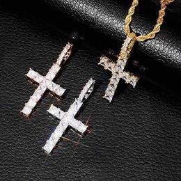 Iced Out Square Diamond Cross Pendant Necklace Bling Micro Pave Cubic Zirconia Simulated Diamonds Jesus Cross Pendant 24inch Rope 240b