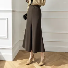 Skirts Tweed Long Women Skirt Versatile Fishtail 2023 Autumn And Winter Irregular Thin Mid Length Female