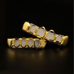 Men's Hip Hop Teeth Grillz Sets 6 Tops&Bottom Hollow Smooth Gold Silver Dental Grills For women Rock Fashion Body Jewelry acc269J