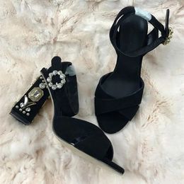 Сандалии, роскошные замшевые кожаные пикантные женские сандалии на массивном каблуке, черные женские свадебные туфли на высоком каблуке с пряжкой на щиколотке и бриллиантами