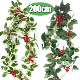 Christmas Decorations 2M Artificial Holly Berry Green Leaves Vine Garlands Red Xmas Tree Hanging Rattan Ornaments Year Decoration 231017