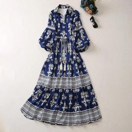 Casual Dresses European And American Women's Dress 2023 Summer Style Three-quarter Sleeve Lapel Blue Print Fashion Lace-up Pleated
