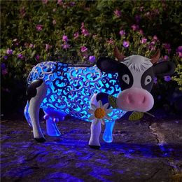 Arts and Crafts Garden Statue Floral Hollow Out Dairy Cow Shaped Resin Artware with Solar Lamp for Park Courtyard 231017