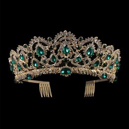 European Drop Green Red Crystal Tiaras Vintage Gold Rhinestone Pageant Crowns With Comb Baroque Wedding Hair Accessories263v