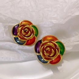 Stud Earrings French Colourful Enamel Camellia With High Quality Retro Autumn And Winter
