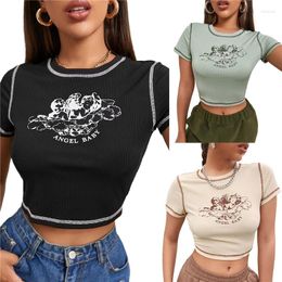 Women's T Shirts Little Angel Print T-Shirts Short Sleeve Round Neck Contrast Stitch Crop Tops