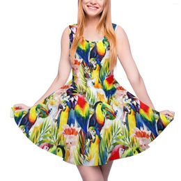 Casual Dresses Tropical Birds Dress Parrots And Palm Leaves Boho Beach High Waist Skate Lady Graphic Vestido Birthday Gift