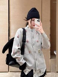 Women's Knits High Quality Wool Grey Sweater Fashion Knitted Slim Cardigan Casual Women Embroidery Top With Buttons