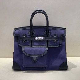 Home Full Handbag Sewing Wax Line Customised Bag 25cm Cargo Canvas with Swift Leather Midnight Blue
