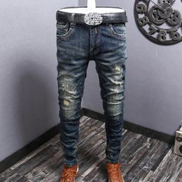 Men's Jeans Ripped Hole Design Stretchy Jean Hip Hop Style Trousers For Men Crinkled Panel Top Quality Pantalon Vaqueros Hombre