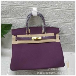 Tote Genuine Handbag Lychee Pattern Bag Fashionable Purple Top Layer Cowhide Leather Women's Bag Mouth Lock Bag with Logo